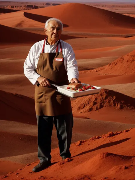 arafed man in an apron holding a tray of food in the desert