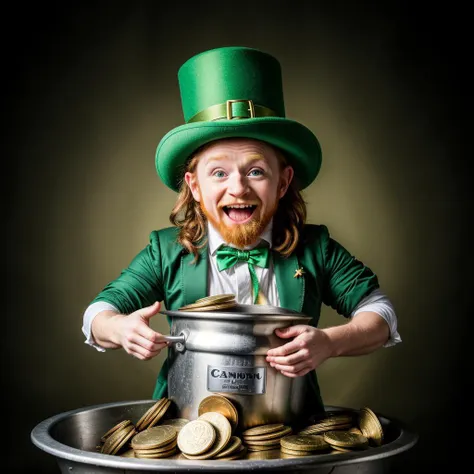 arafed man in a green hat and green jacket holding a pot of coins