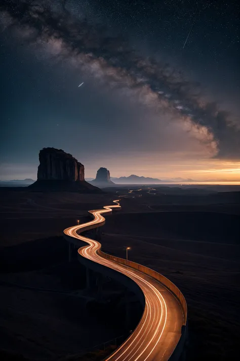 a long exposure photograph of a highway in the desert at night