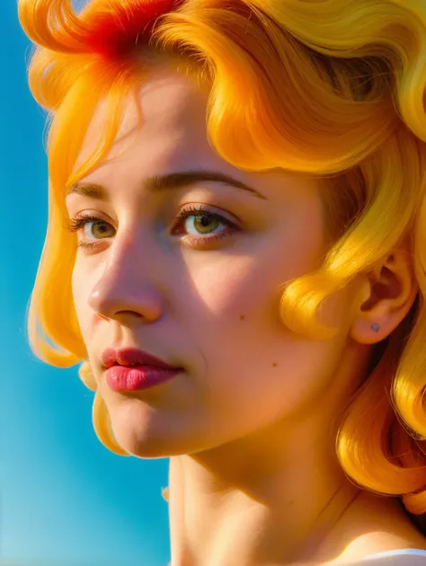 a close up of a woman with a bright yellow hair