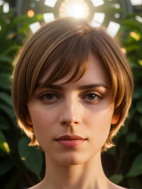 a close up of a woman with a short haircut and a necklace