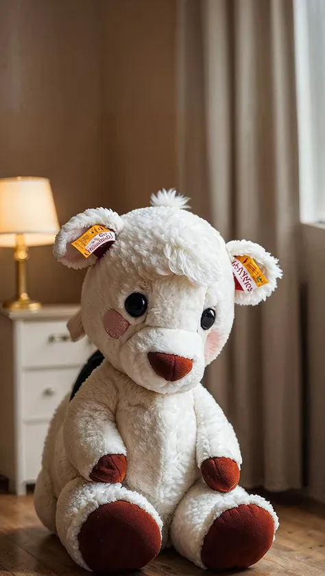 there is a white stuffed animal sitting on a table in a room