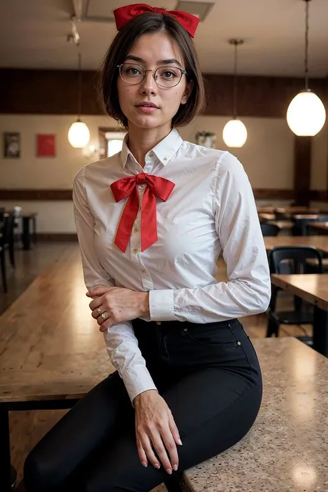 there is a woman sitting on a table with a red bow