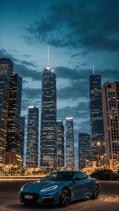 a blue sports car parked in front of a city skyline