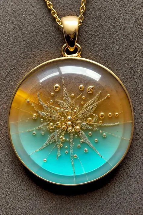 a close up of a necklace with a gold and blue design