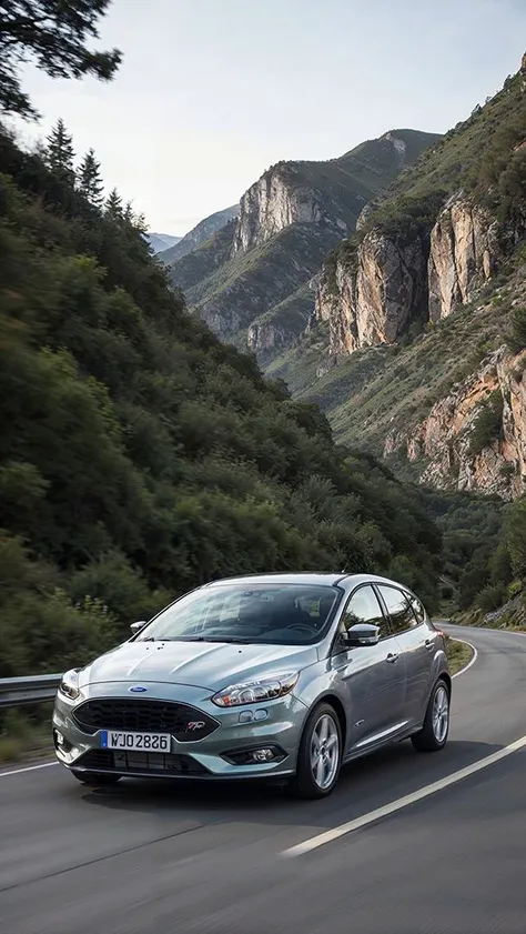 a silver ford focus driving down a mountain road