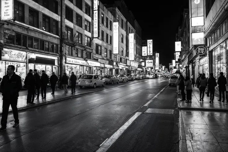 people walking on a city street at night with a lot of lights