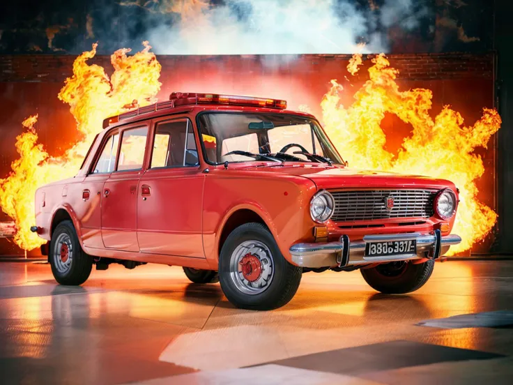 arafed red car with flames in the background and a fire truck in the foreground