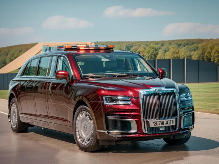 a red rolls royce is driving down the road with a police light on top