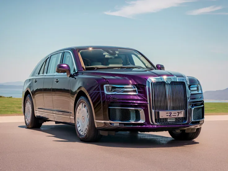 a purple rolls royce is parked on the road near a grassy field