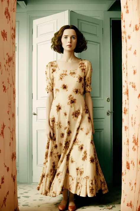 a woman in a floral dress standing in a doorway