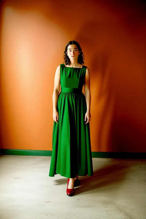 a woman in a green dress and a red wall,  cinematic, 8k, professional photography