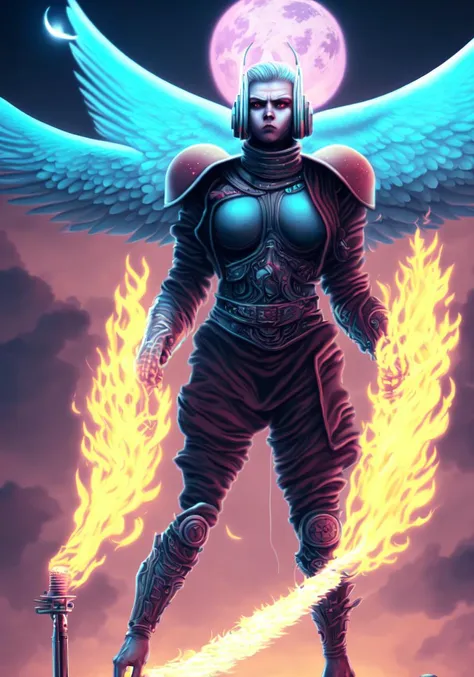 textless, best quality, war in heaven (serphm:1.3) archangel holding flaming weapon, battling demons in another world, ggffff666...