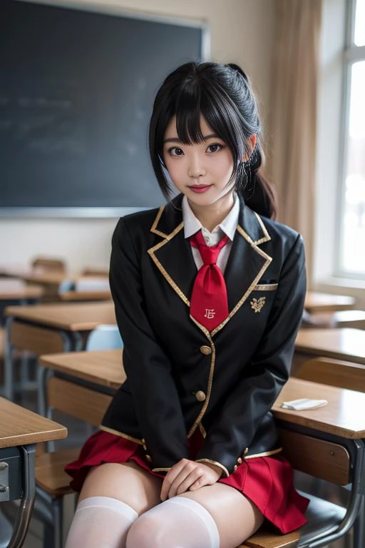 ultra-detailed,highly detailed,best quality,masterpiece,illustration,
fumizuki academy school uniform, solo, cosplay, 1girl, 
crossdressing, sitting,looking at viewer, light smile, 
necktie, jacket, blazer,long sleeves,  skirt,pleated skirt,white thighhigh...