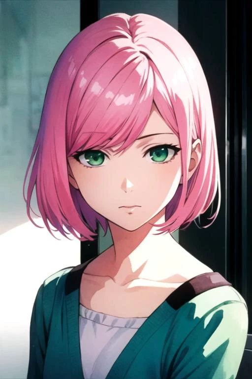 masterpiece, best quality, photorealistic, 1girl, , green eyes, pink hair, solo, looking at viewer, upper body, , (watercolor illustration, soft pastel colors:1.1), , slums, 16k resolution, <lora:tokyo_ghoul_style:0.91>, tokyo_ghoul_style