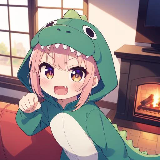 masterpiece, best quality,ultra detail, girl,dc1,dinosaur_costume,petite,chibi,paw pose,fang,open mouth, <lora:dinosaurCostume:0.7>living room,window,fireplace,from above,close up