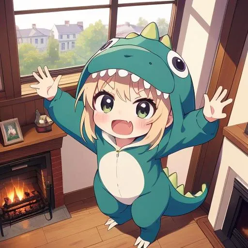 masterpiece, best quality,ultra detail, girl,dc1,dinosaur_costume,petite,chibi,open arms,fang,open mouth, <lora:dinosaurCostume:0.7>living room,window,fireplace,from above