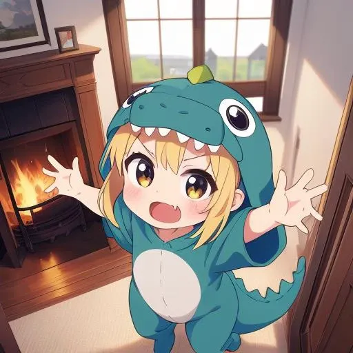 masterpiece, best quality,ultra detail, girl,dc1,dinosaur_costume,petite,chibi,open arms,fang,open mouth, <lora:dinosaurCostume:0.7>living room,window,fireplace,from above