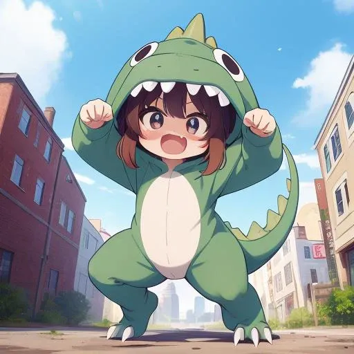 anime character in a green dinosaur costume standing in a city street