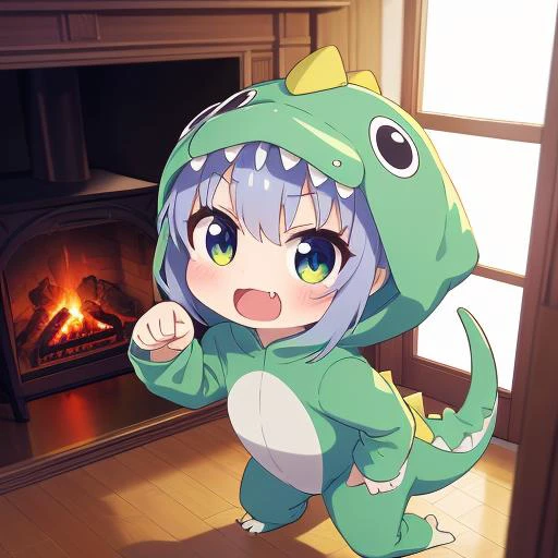 masterpiece, best quality,ultra detail, girl,dc1,dinosaur_costume,petite,chibi,paw pose,fang,open mouth, <lora:dinosaurCostume:0.7>living room,window,fireplace,from above,close up