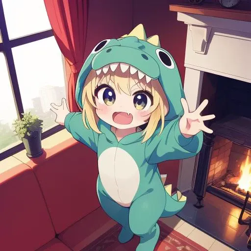 masterpiece, best quality,ultra detail, girl,dc1,dinosaur_costume,petite,chibi,open arms,fang,open mouth, <lora:dinosaurCostume:0.7>living room,window,fireplace,from above