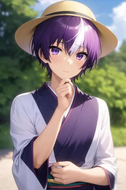 masterpiece, best quality, , 1boy, solo, male focus, looking at viewer, upper body, depth of field, <lora:moroha_haimura:0.68>, moroha_haimura, purple hair, multicolored hair, purple eyes, white hair, two-tone hair, yukata, hat