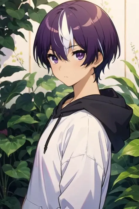 masterpiece, best quality, wallpaper, 1boy, solo, male focus, looking at viewer, , depth of field, <lora:moroha_haimura:0.70>, moroha_haimura, purple hair, multicolored hair, purple eyes, white hair, two-tone hair, hoodie,