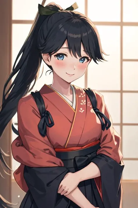 best quality, masterpiece, highres, solo, {houshou_kantaicollection:1.15}, black_hair, long_hair, ponytail, smile, tasuki, blush, blue_eyes, 1girl, japanese_clothes, kimono, looking_at_viewer, upper_body, ribbon