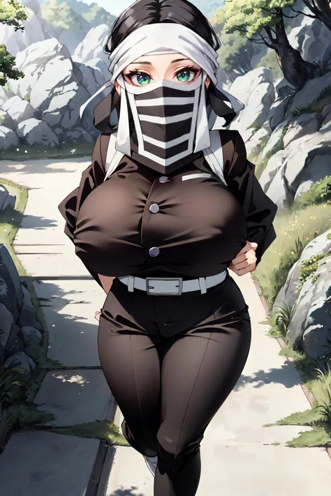 (masterpiece, best quality, ultra detailed, absurdres)1.5, 1girl, (sexy, beautiful woman, perfect face, perfect eyes, perfect female body, huge breasts)1.5, (kakushi_girl, black hair, belt, horizontal stripes mask, black and white mask, white belt, demon s...