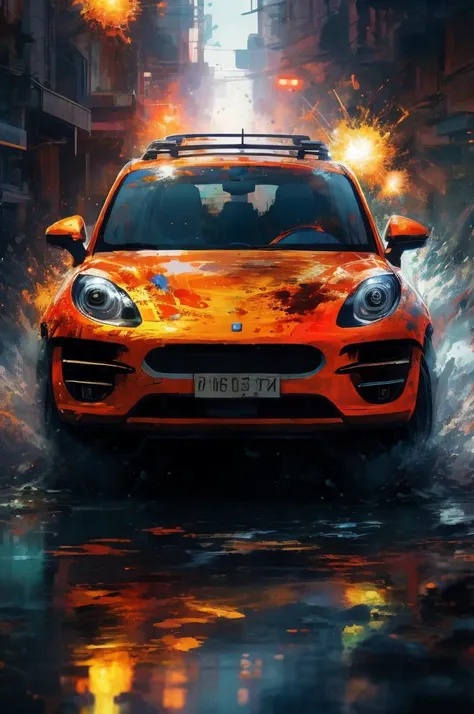 a car driving through a city street with fire coming out of it