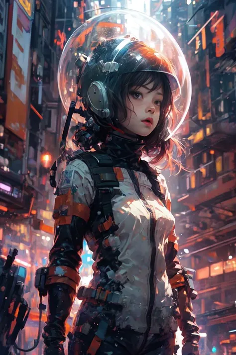 a woman in a space suit standing in a city at night