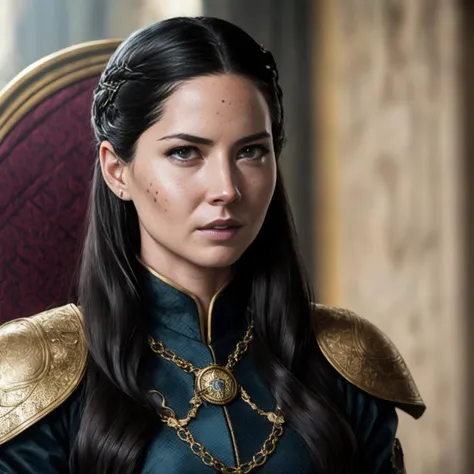 Intricately detailed portrait, professional photograph, of seductive royal ((oliviamunn)), wearing blue and gold steampunk general uniform, sitting, on throne, green eyes, ((freckels)), in luxurious fantasy castle, pretty face, green eyes, sexy, small brea...