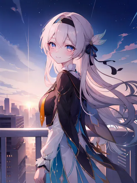 anime girl with long white hair standing on a balcony overlooking a city