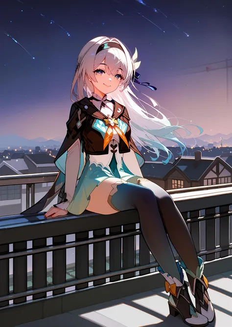 anime girl sitting on a railing with a city in the background