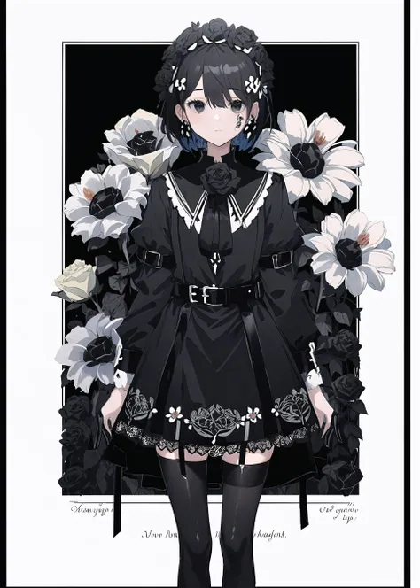 anime girl in black dress with flowers and black stockings