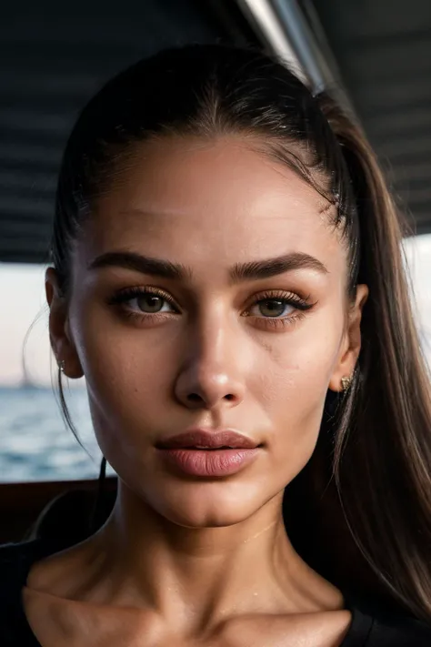 RAW, real photo portrait, zaraZof1, on a boat, (wearing a wet black t-shirt), pretty face, insanely detailed eyes, light blonde hair, high ponytail, bokeh, natural light, depth of field, golden hour, sharp focus