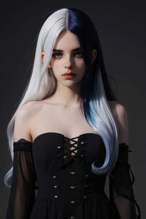 a woman with long white hair and blue hair wearing a black dress