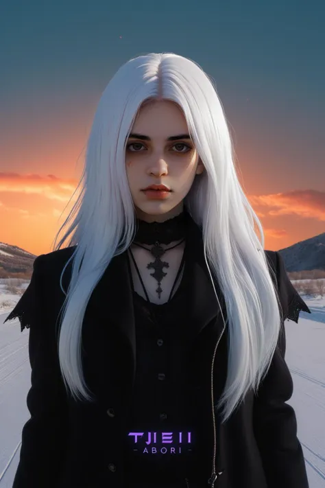 a woman with white hair and a black jacket standing in the snow