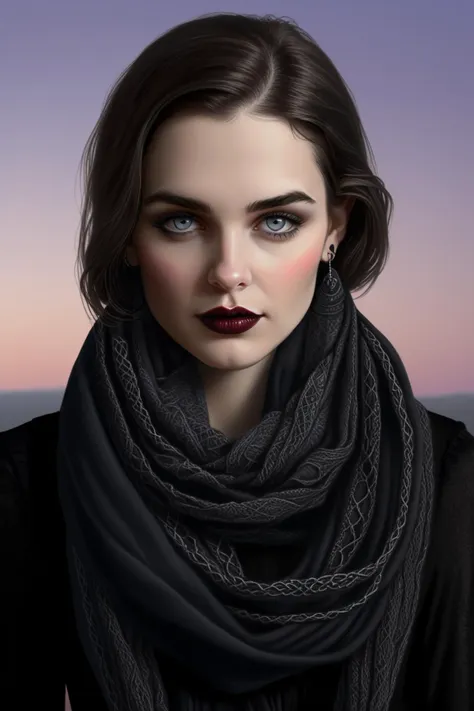 a woman with dark lipstick and a scarf on her head