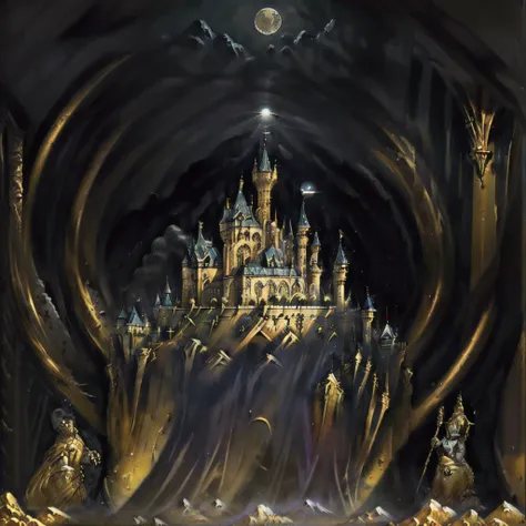 a gold_glass image of a fantasy castle, moon in the background,  <lora:gold_glass_v2:1> , <lora:kenkelly:1>