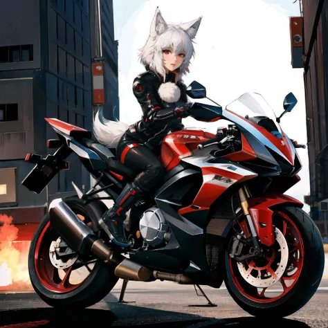 cyberpunk, motorcycle, detailed background, futuristic, masterpiece, best quality, absurdres, white hair, wolf girl, wolf tail, ...