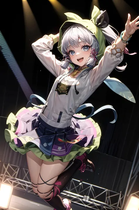 anime girl in a green hoodie and skirt on stage