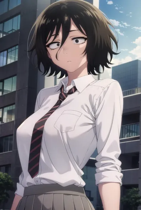 akiraasai, <lora:akira asai s1-lora-nochekaiser:1>,
akira asai, short hair, black hair, messy hair, bags under eyes, sanpaku, (black eyes:1.5), hair between eyes,
BREAK skirt, shirt, school uniform, white shirt, pleated skirt, necktie, striped, collared sh...