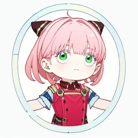 anime girl with pink hair and green eyes in a circle