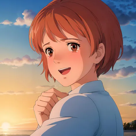 <lora:Nausicaa005:0.6>,<lora:add_detail>,<lora:boldline:-0.5>,<lora:noline:0.3>,
1girl,brown hair,brown eyes,short hair,
sunset,
happy_tears,