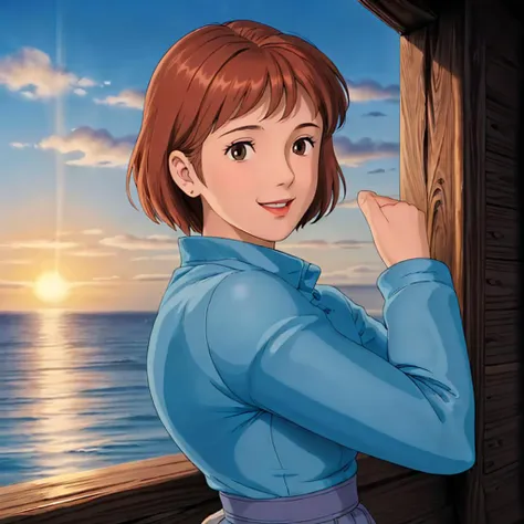 <lora:Nausicaa005:0.6>,<lora:add_detail>,<lora:boldline:-0.5>,<lora:noline:0.3>,looking at viewer,smile,
1girl,brown hair,brown eyes,short hair,
blue_dress,long_sleeves,sunset,