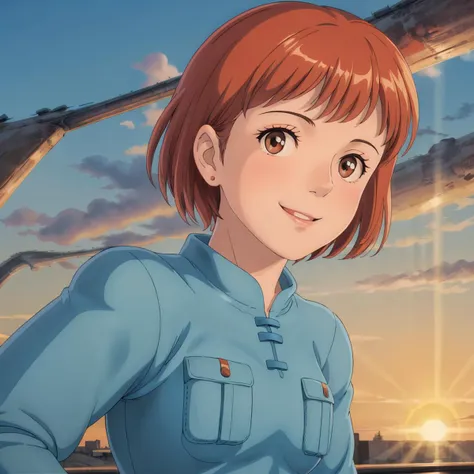 a woman in a blue shirt standing in front of a sunset