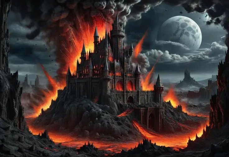 concept art of a gothic castle ontop of a hill surrounded by lava, <lora:EdobHorrorLandscape_XL_v1.0:1>, dark, fantasy, moon, (masterpiece, best quality, highly detailed, realistic), <lora:Explosion Artstyle - Trigger is Explosion Artstyle:1>, Explosion Ar...