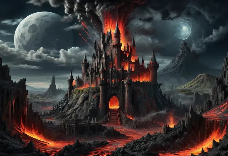 concept art of a gothic castle ontop of a hill surrounded by lava, <lora:EdobHorrorLandscape_XL_v1.0:1>, dark, fantasy, moon, (masterpiece, best quality, highly detailed, realistic), <lora:Explosion Artstyle - Trigger is Explosion Artstyle:1>, Explosion Ar...