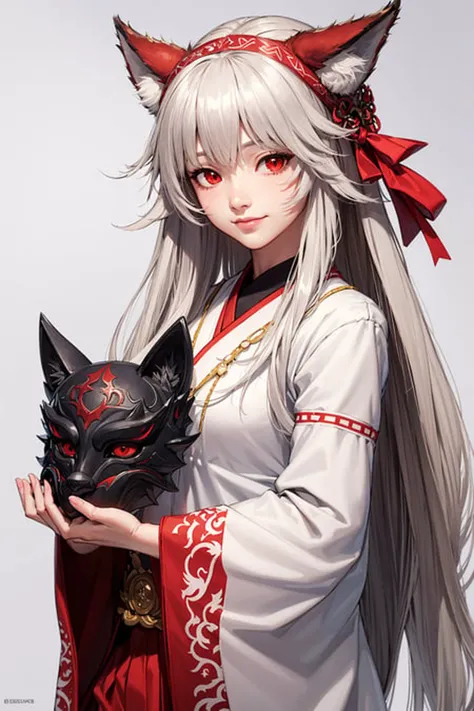 anime girl with long white hair and red eyes holding a black cat